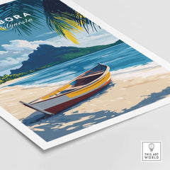 Bora Bora Art Print featuring a colorful boat on a beach with palm trees and a serene tropical landscape.