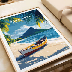 Bora Bora Art Print featuring a serene beach, a boat, and lush tropical scenery, perfect for home decor.