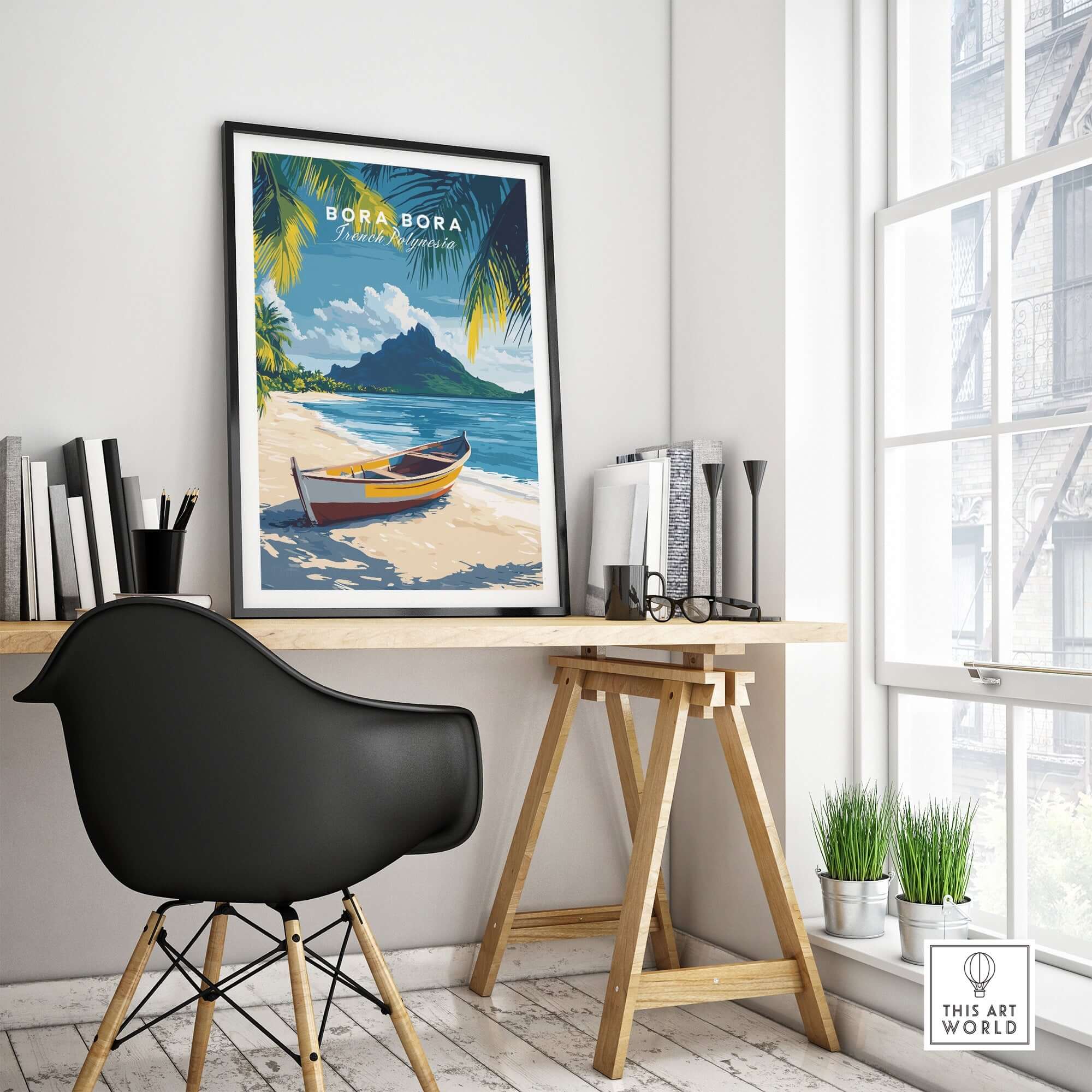 Bora Bora Art Print in a stylish office setting with beach scene and tropical elements.