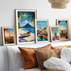Bora Bora Art Print framed on wall with other travel posters showcasing beautiful beach scene and vibrant colors.