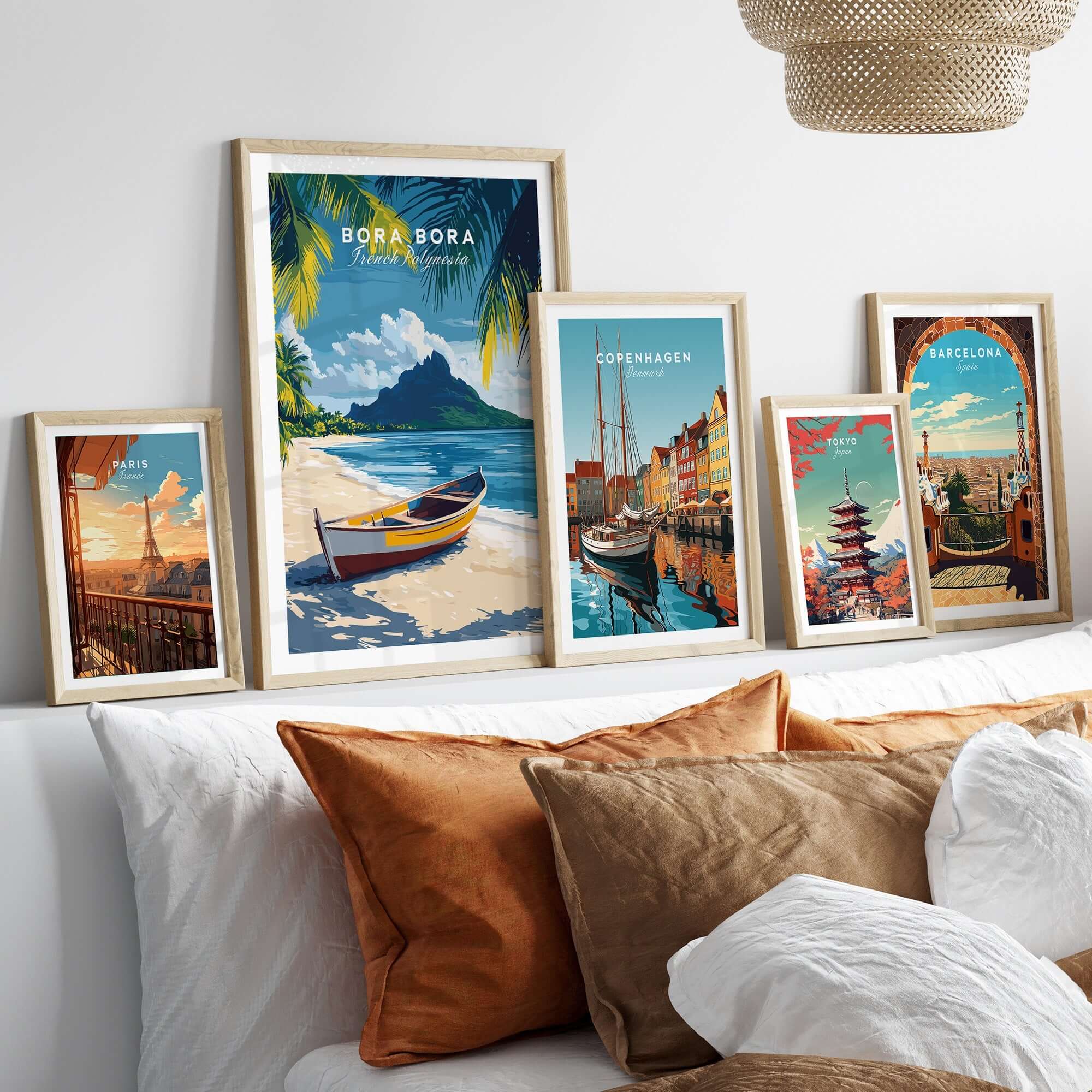 Bora Bora Art Print framed on wall with other travel posters showcasing beautiful beach scene and vibrant colors.