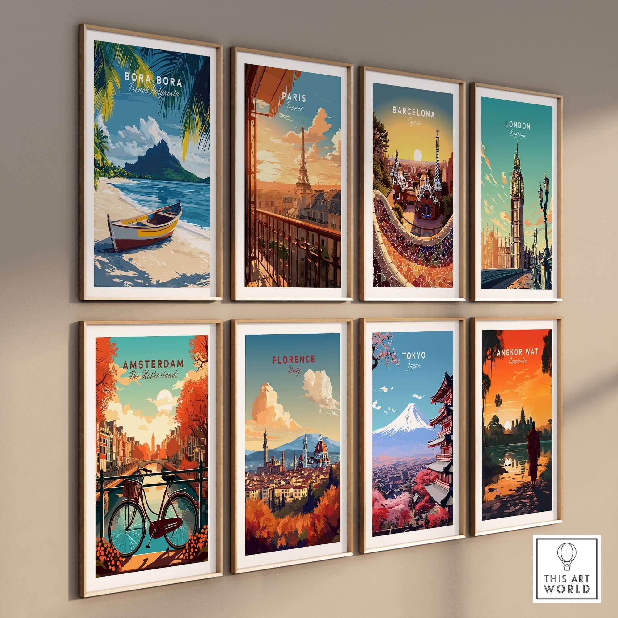 Bora Bora Art Print showcasing a tropical beach scene among various travel posters in a stylish gallery wall.