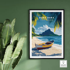 Bora Bora Art Print featuring a vibrant beach scene with a boat surrounded by tropical foliage.