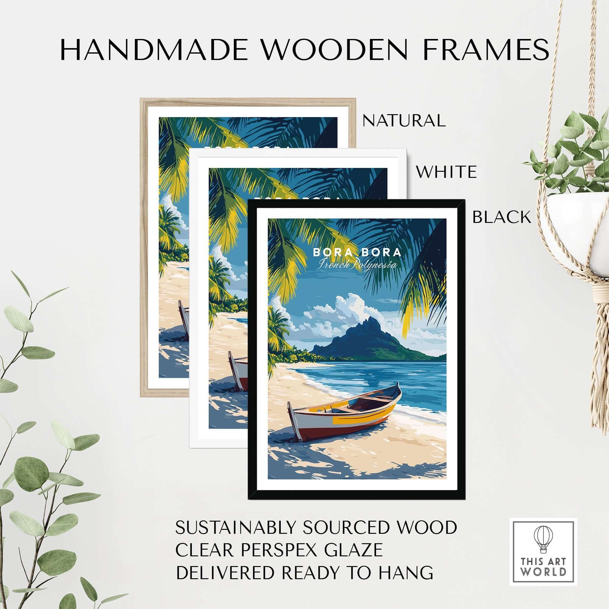 Handmade wooden frames in natural, white, and black featuring a Bora Bora Art Print beach scene.