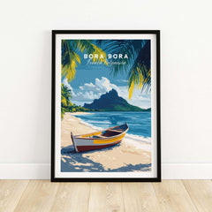 Bora Bora Art Print featuring a tropical beach scene with a boat and lush palm trees, ideal for home decor.