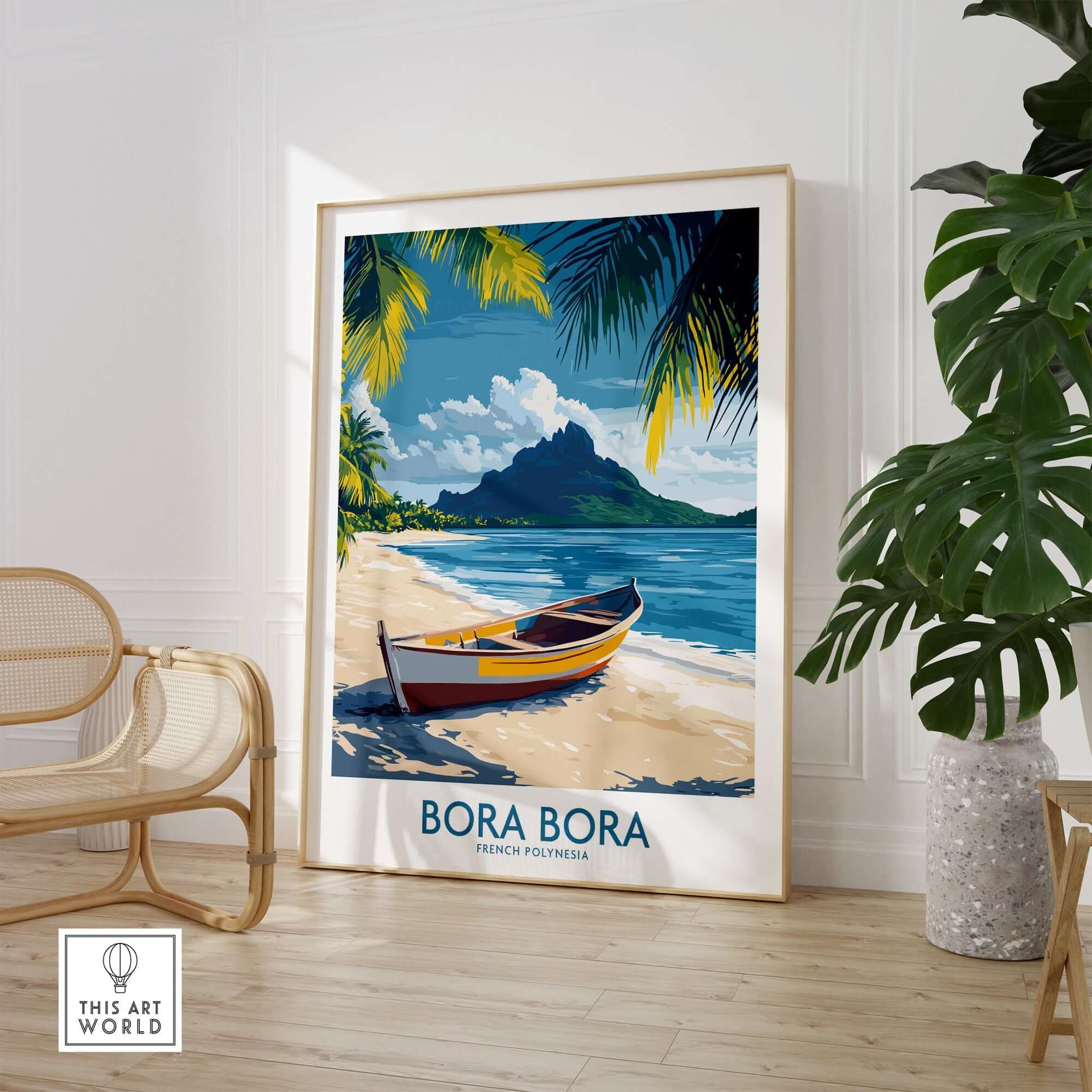 Bora Bora Poster - Beach Print featuring a vibrant landscape and a traditional boat by a tropical beach.