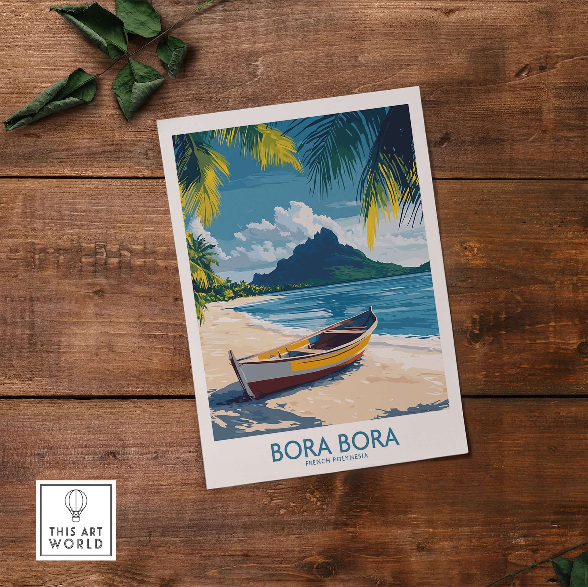 Bora Bora Poster - Beach Print featuring a vibrant tropical scene with a boat on a sandy beach.