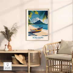 Bora Bora Poster - Beach Print featuring vibrant tropical scenery in a stylish living room setting.
