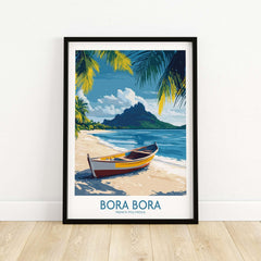 Bora Bora Poster - Beach Print featuring a tropical scene with a boat and scenic mountains.