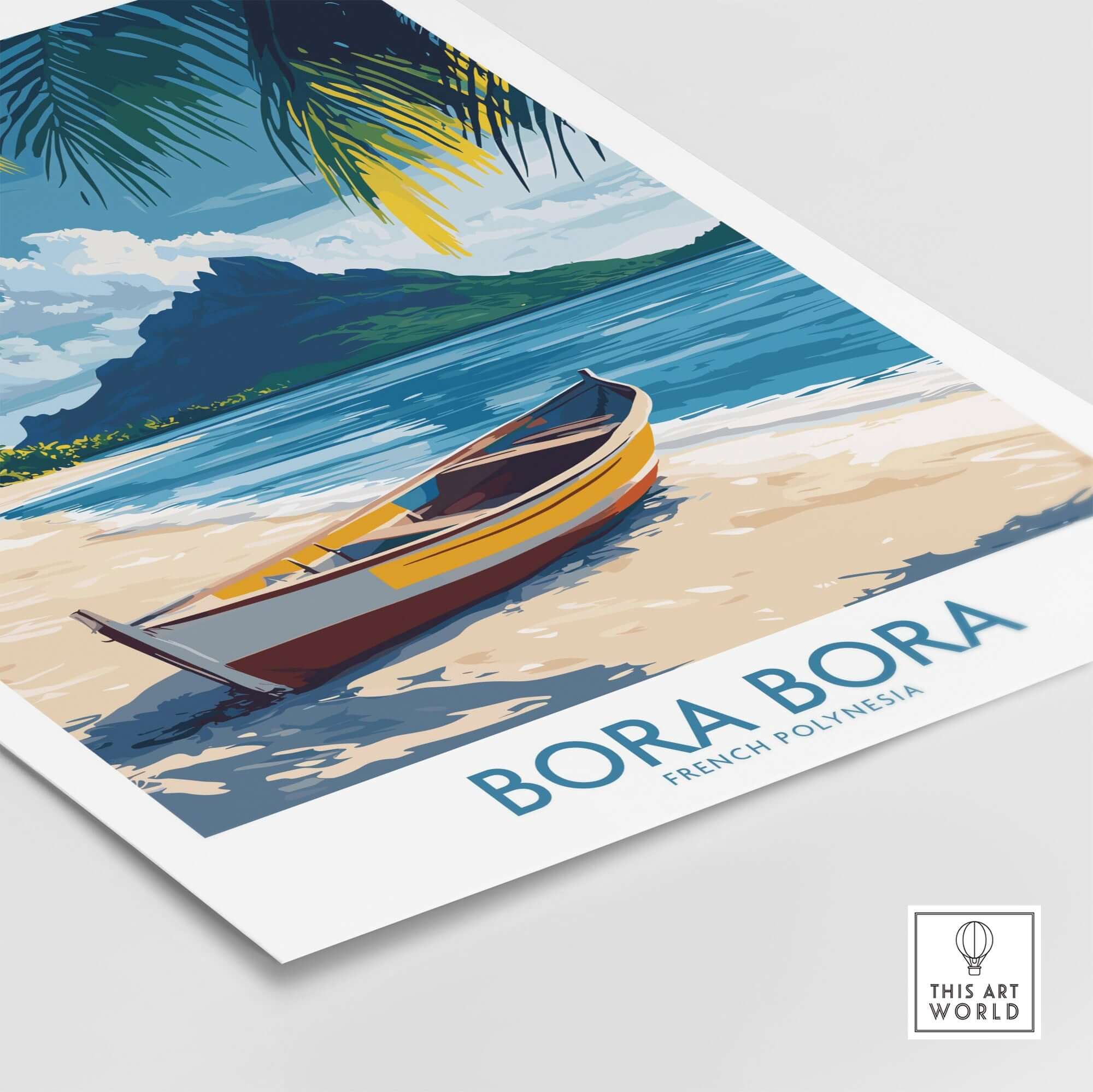 Bora Bora Poster - Beach Print featuring a serene beach scene with a colorful boat and vibrant tropical scenery.