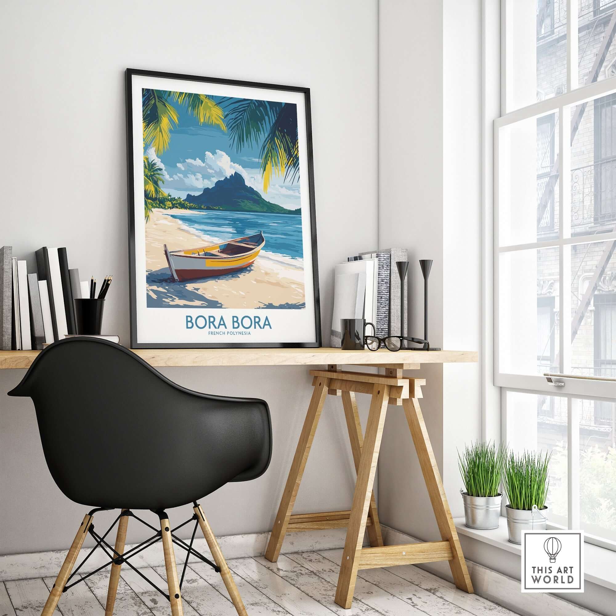 Bora Bora Poster - Beach Print displayed in a stylish home office setting with tropical scenery and vibrant colors.