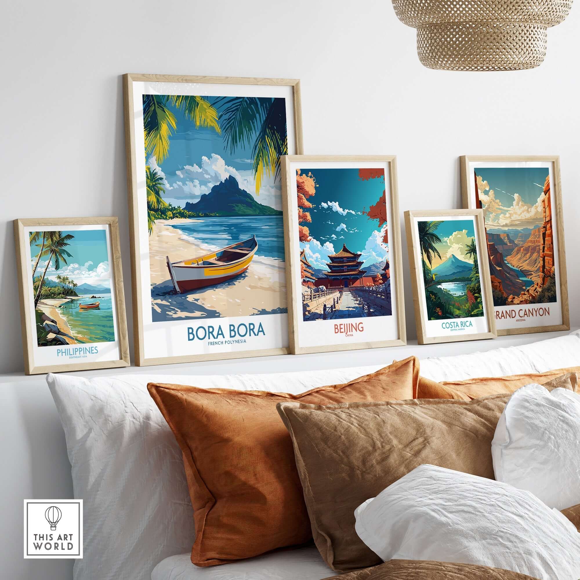 Bora Bora Poster - Beach Print framed among other travel posters in a stylish interior setting.