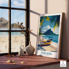 Bora Bora Poster - Beach Print displayed on a wooden table with a serene beach view in the background.