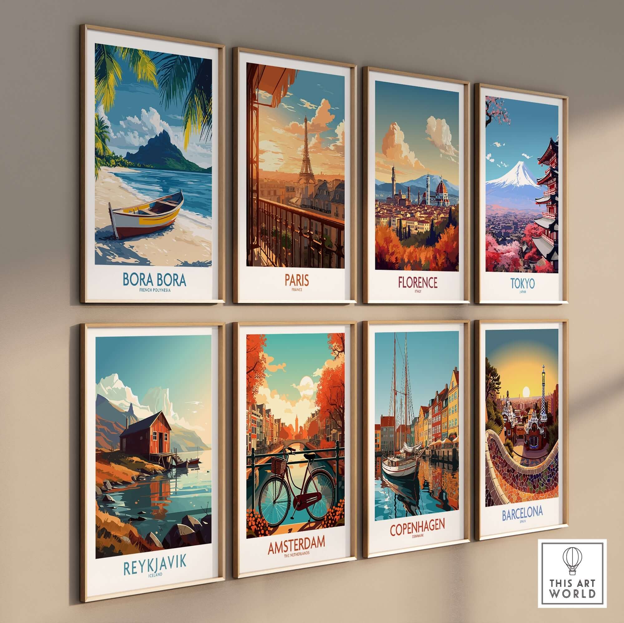 Bora Bora Poster - Beach Print among travel-themed art prints on a stylish wall display.