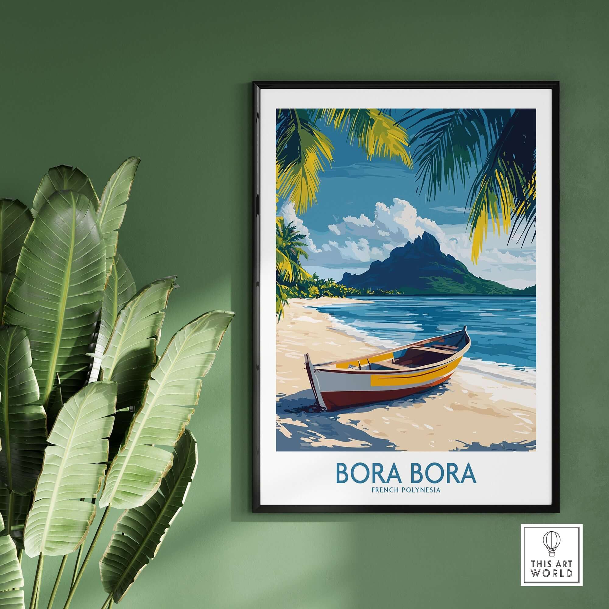 Bora Bora Poster - Beach Print showcasing a tropical paradise with vibrant colors and serene scenery.
