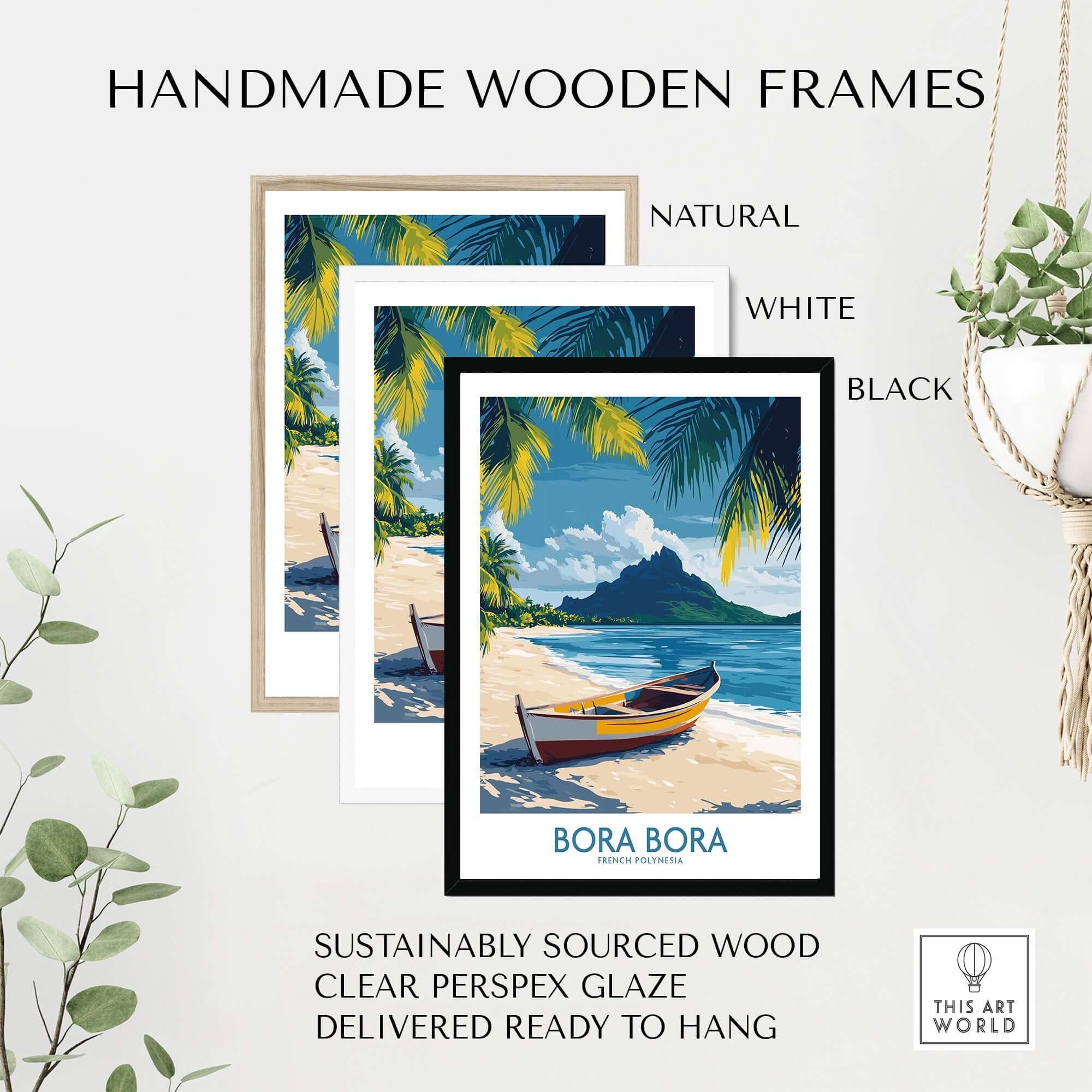 Bora Bora Poster - Beach Print in handmade wooden frames, available in natural, white, and black finishes.