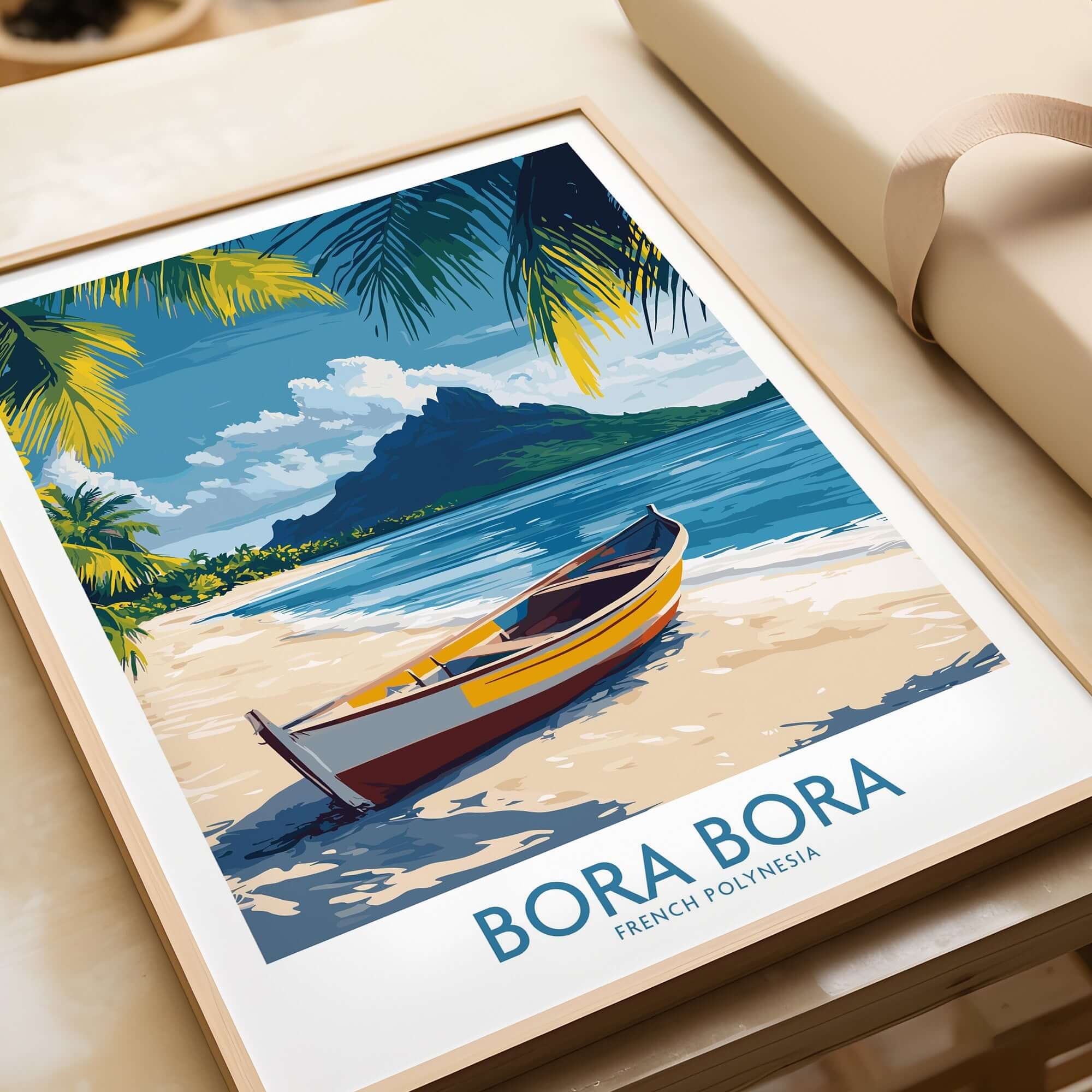 Bora Bora Poster - Beach Print featuring a vibrant boat on the sandy beach with palm trees and mountains in the background.