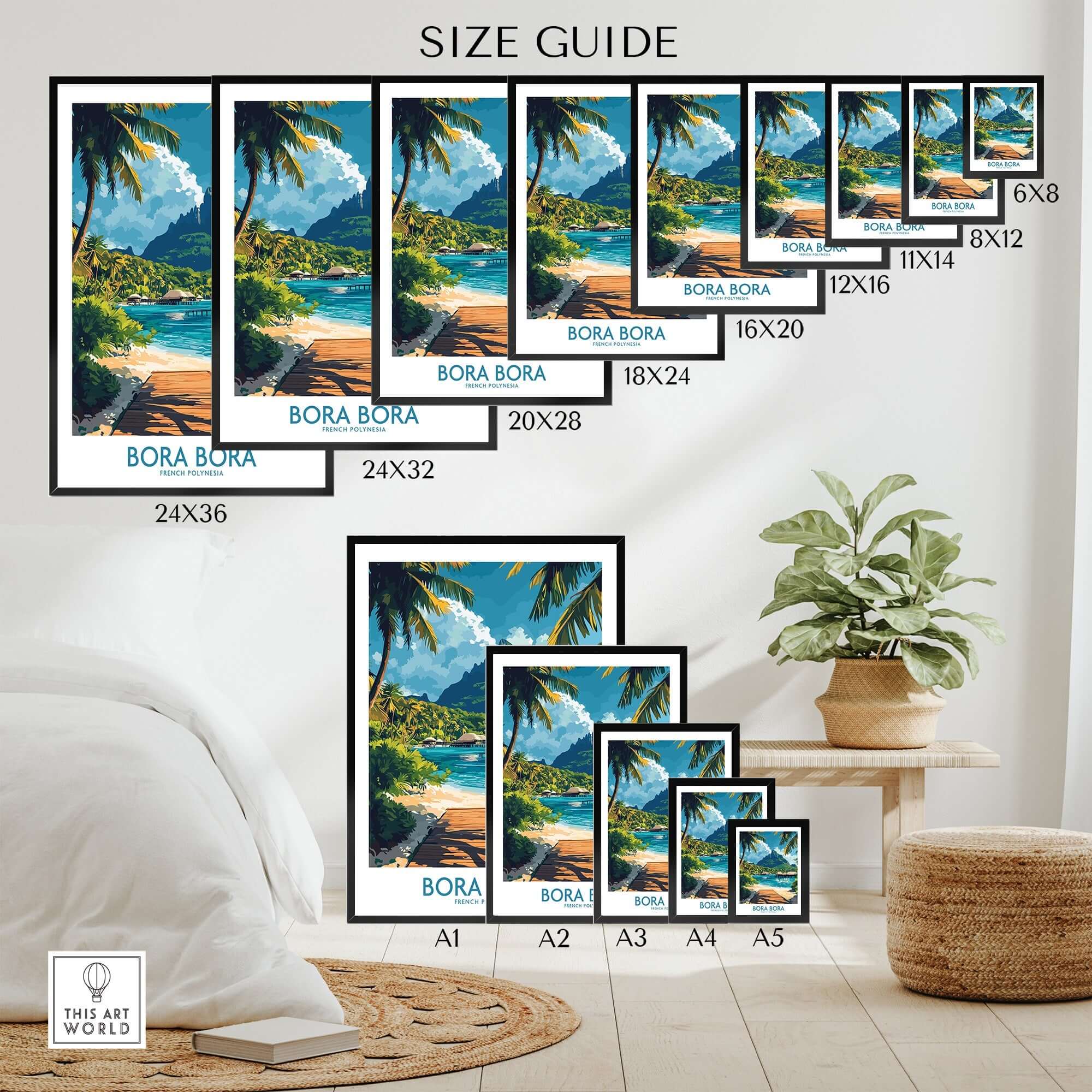 Bora Bora Travel Poster size guide showcasing various frame sizes and stunning beach scenery.