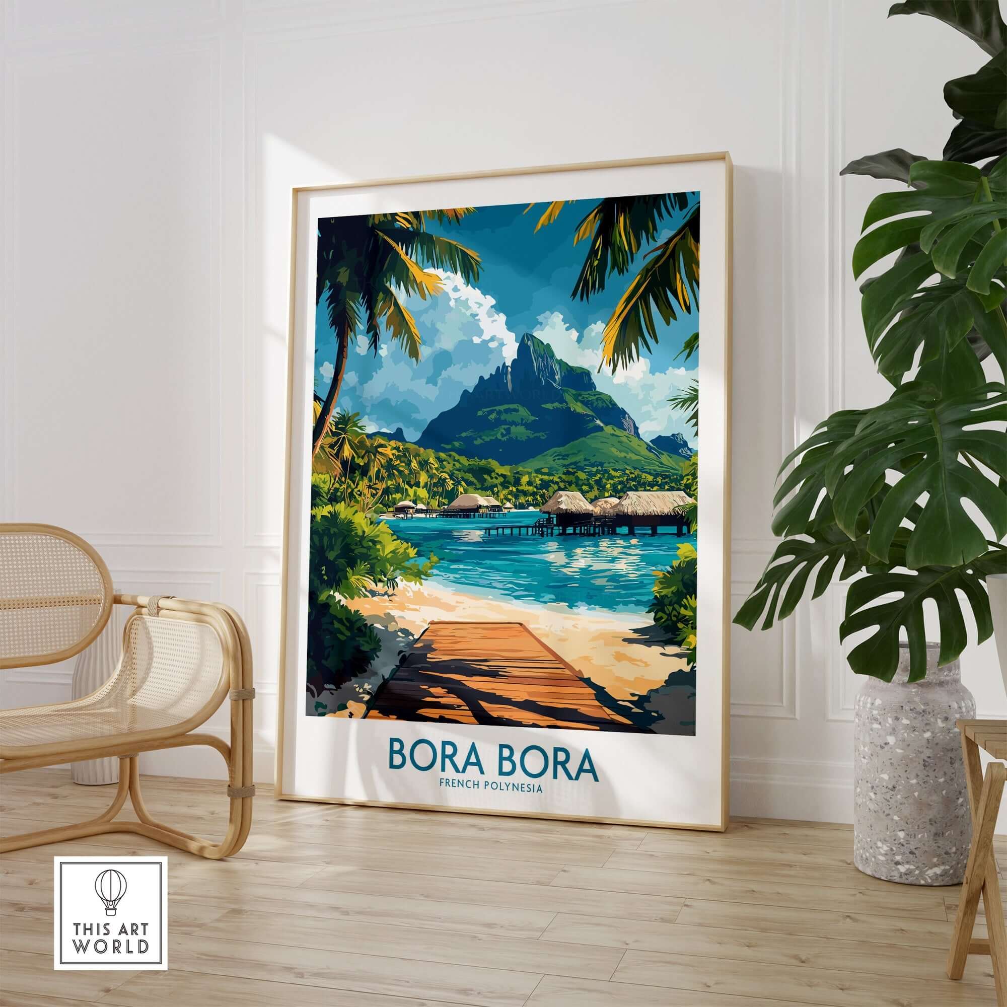 Bora Bora Travel Poster showcasing vibrant scenery and tropical landscape in a stylish home decor setting.