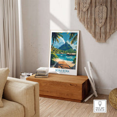 Bora Bora Travel Poster showcasing stunning scenery and vibrant colors in a stylish living room setting.