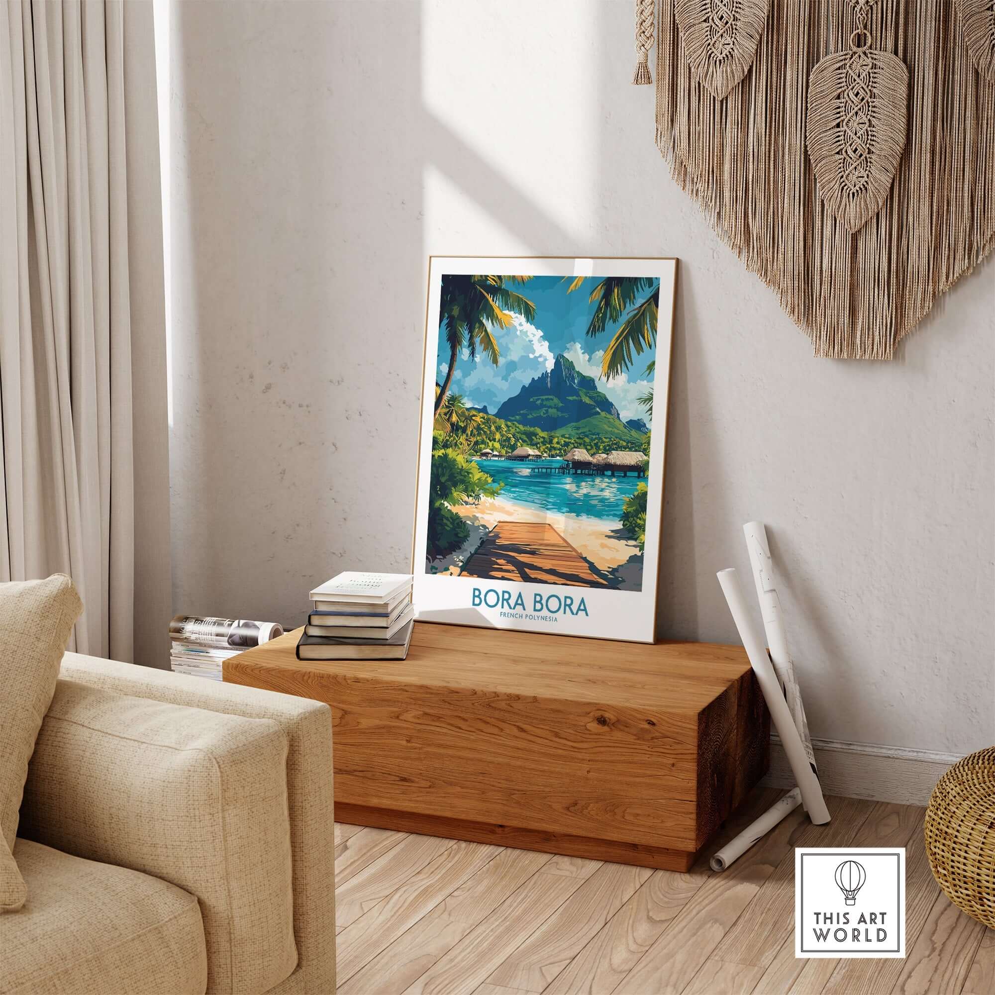 Bora Bora Travel Poster showcasing stunning scenery and vibrant colors in a stylish living room setting.