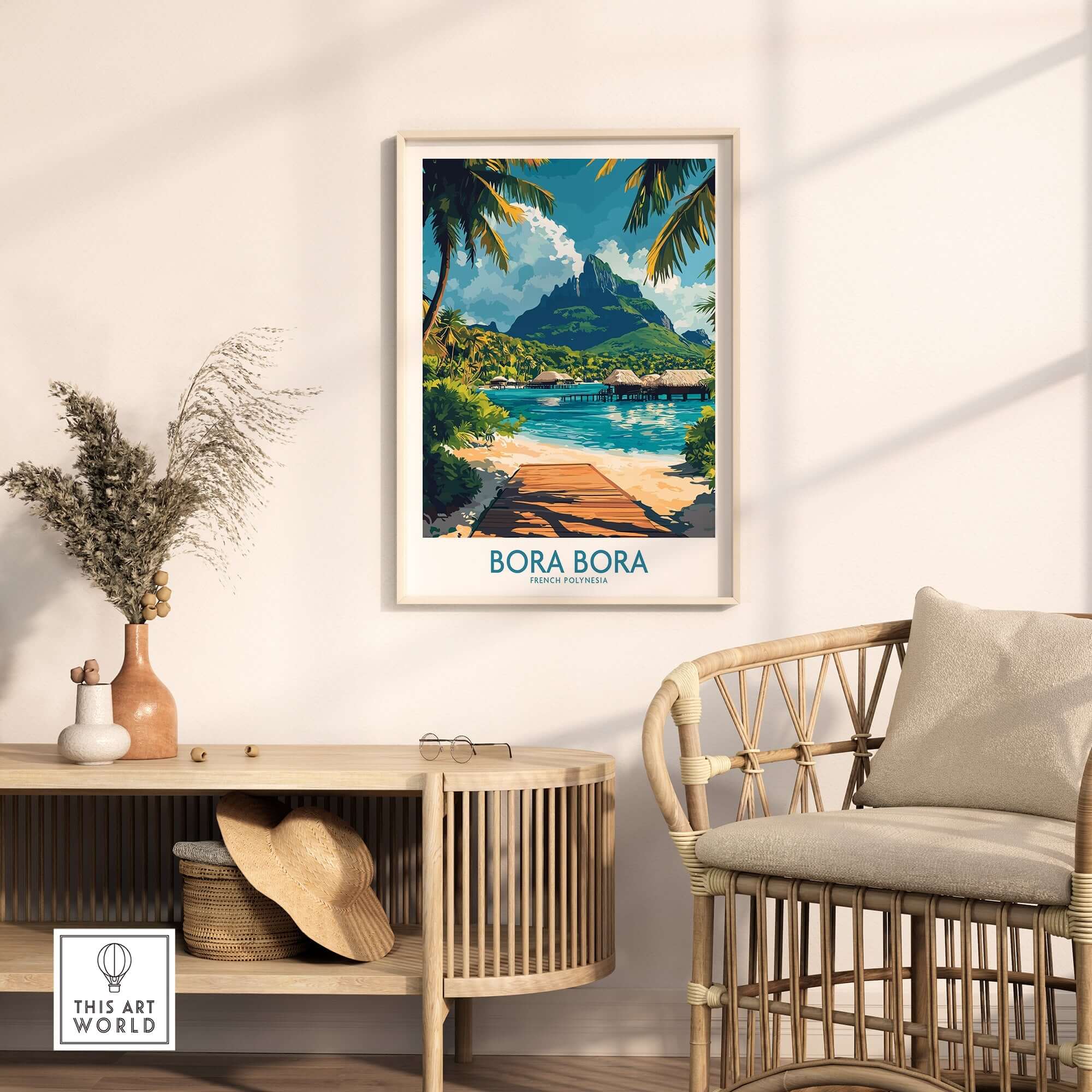 Bora Bora Travel Poster showcasing vibrant scenery and tropical vibe in a chic home decor setting.