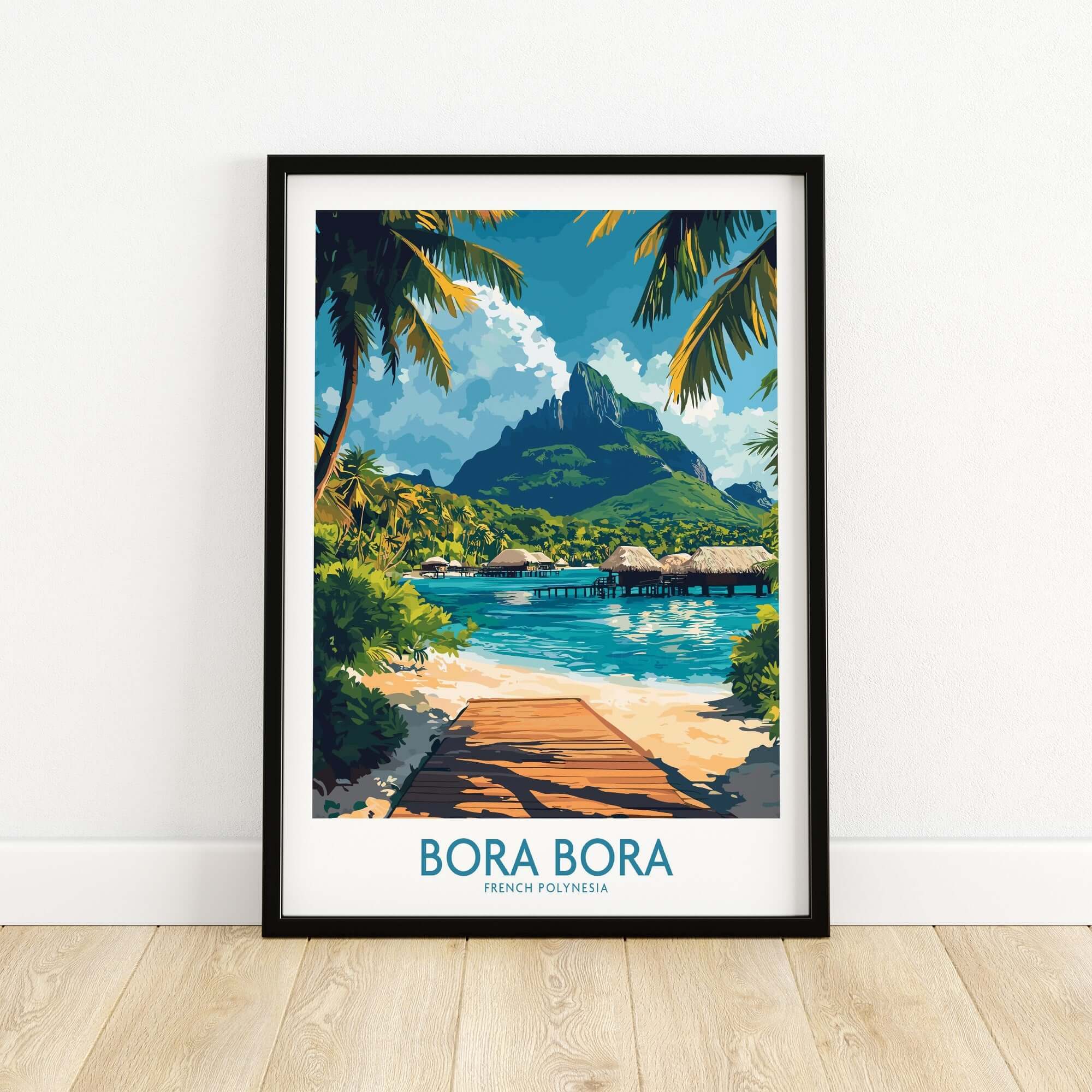 Bora Bora Travel Poster featuring vibrant scenery with a sandy beach and mountain backdrop in French Polynesia.