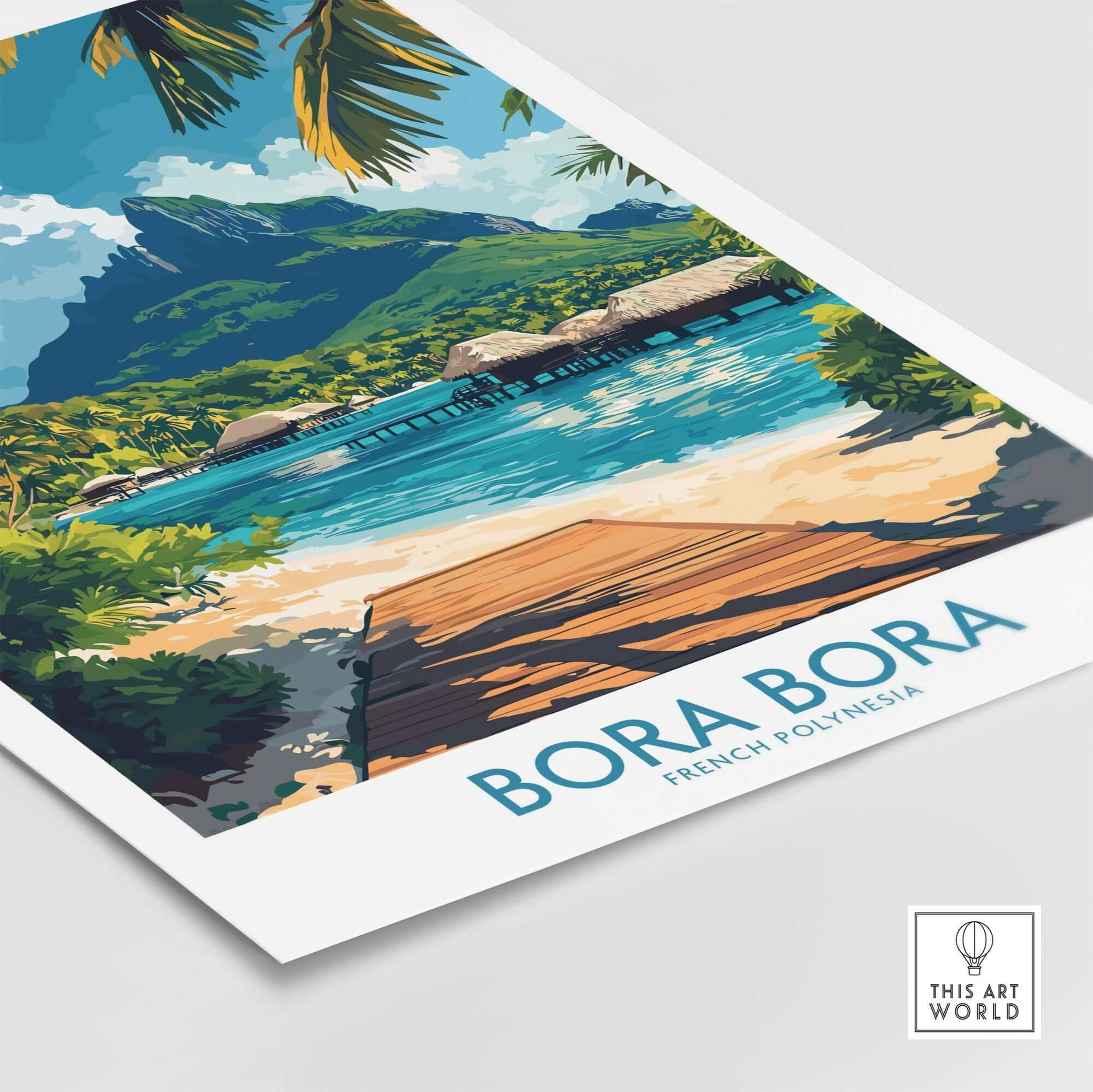 Bora Bora Travel Poster showcasing stunning scenery with vibrant colors, perfect for travel enthusiasts.