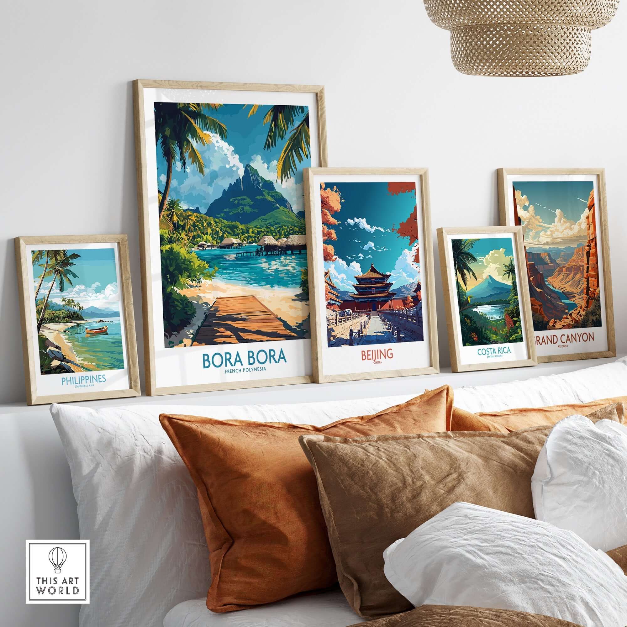 Bora Bora Travel Poster displayed among other travel posters, showcasing vibrant scenery and perfect for wall art.