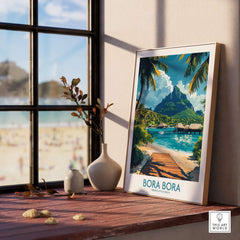 Bora Bora Travel Poster displayed on a wooden table near a window with a beach view, showcasing vibrant colors and scenic beauty.