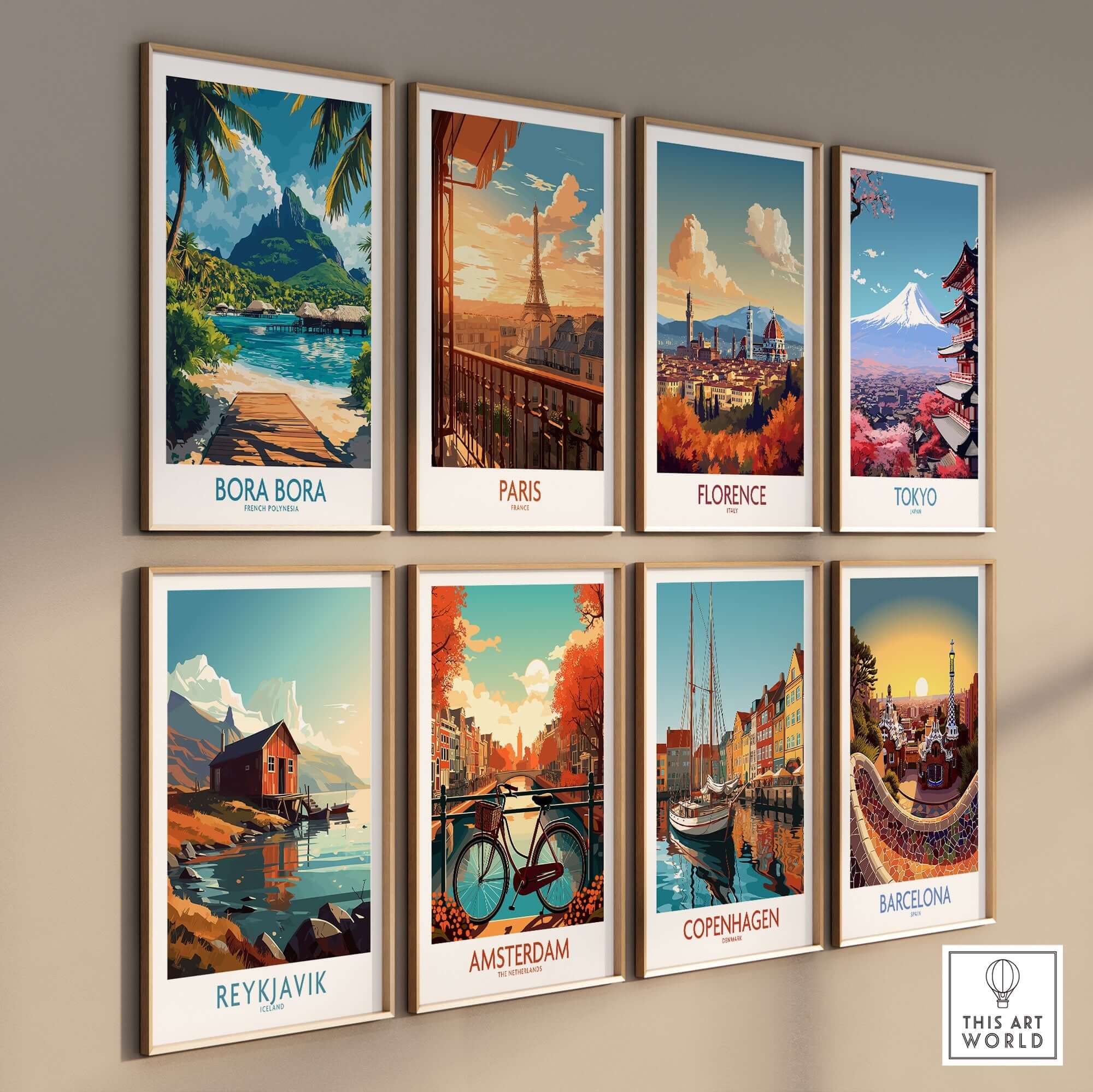 Bora Bora Travel Poster and other travel posters on a wall showcasing vibrant scenery and iconic landmarks.