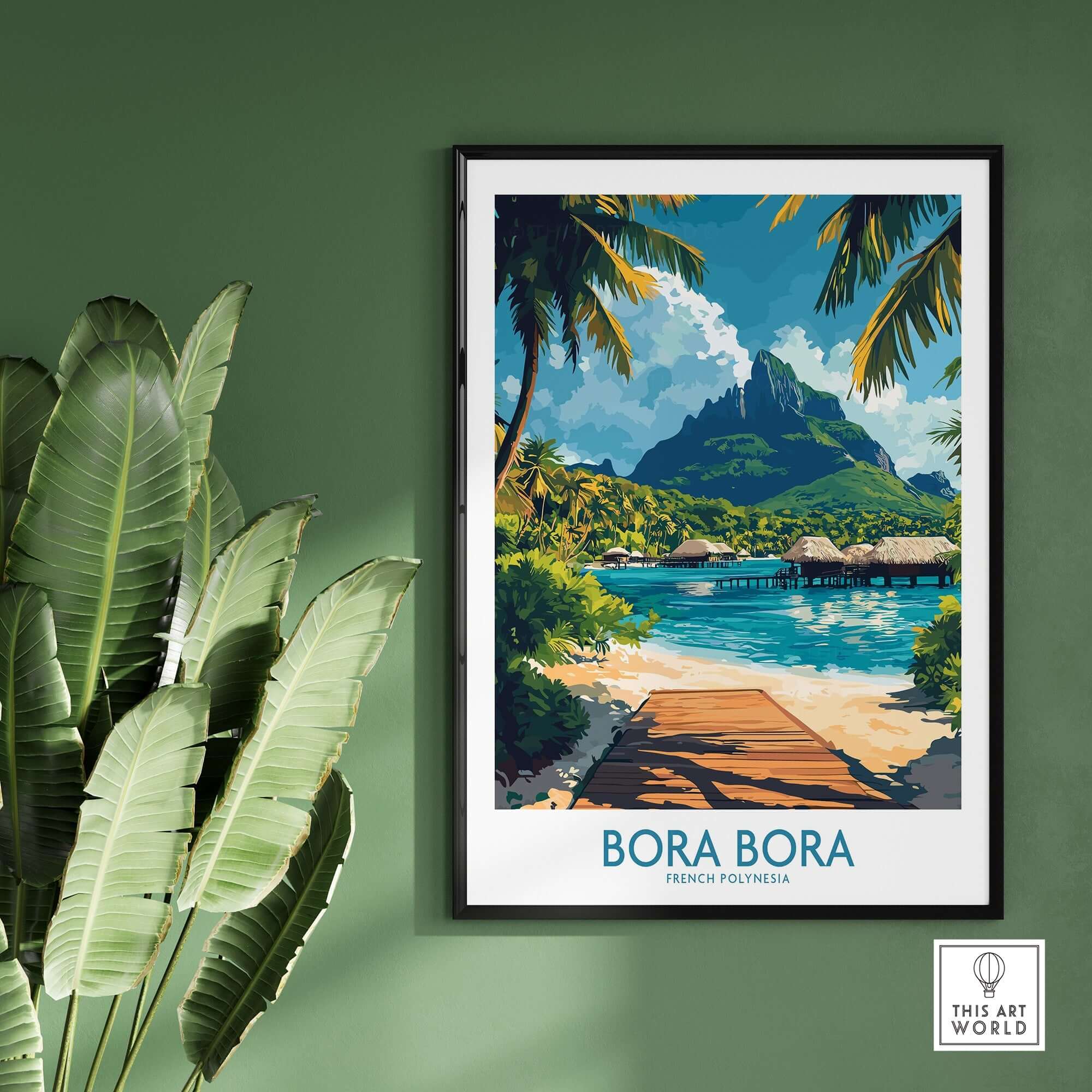 Bora Bora Travel Poster showcasing vibrant scenery of Bora Bora with palm trees and a stunning mountain backdrop.