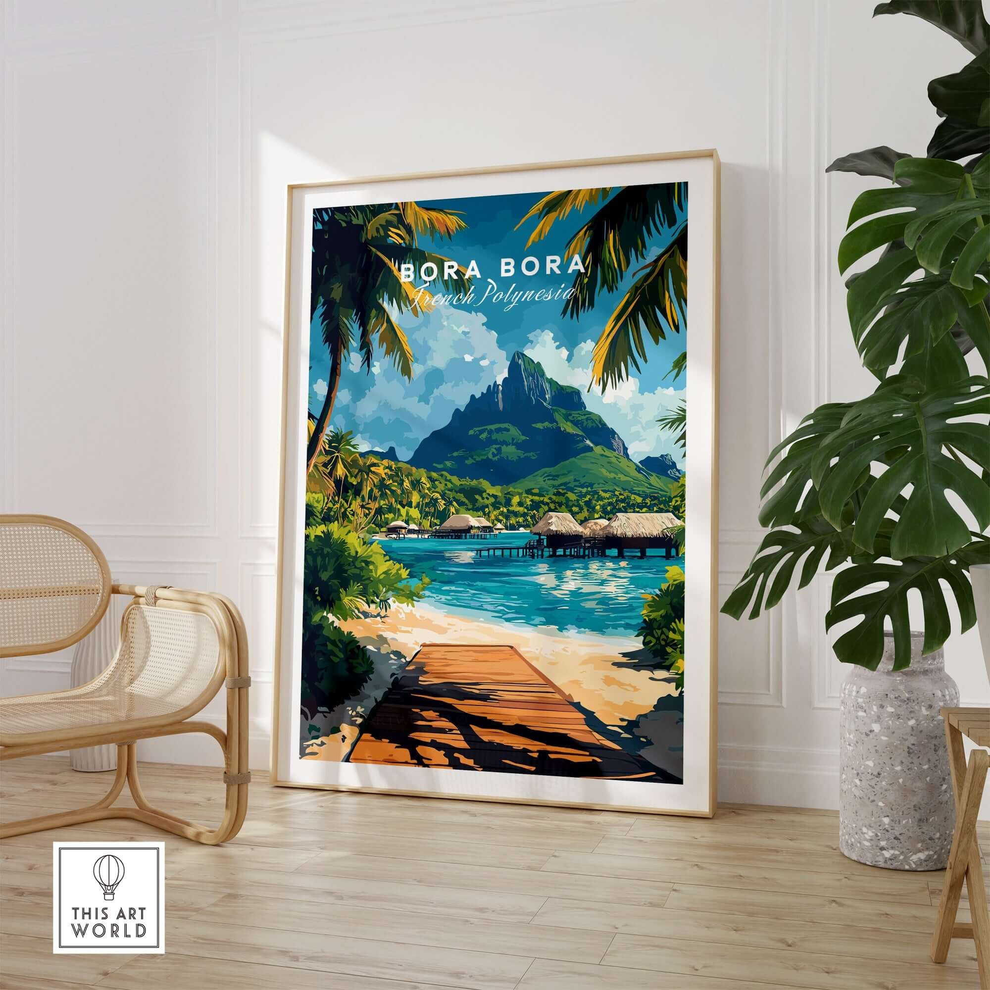 Bora Bora Travel Print showcasing a tropical paradise scene with palm trees and mountains.