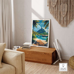 Bora Bora Travel Print displayed in a stylish living room, showcasing the tropical beauty of Bora Bora.