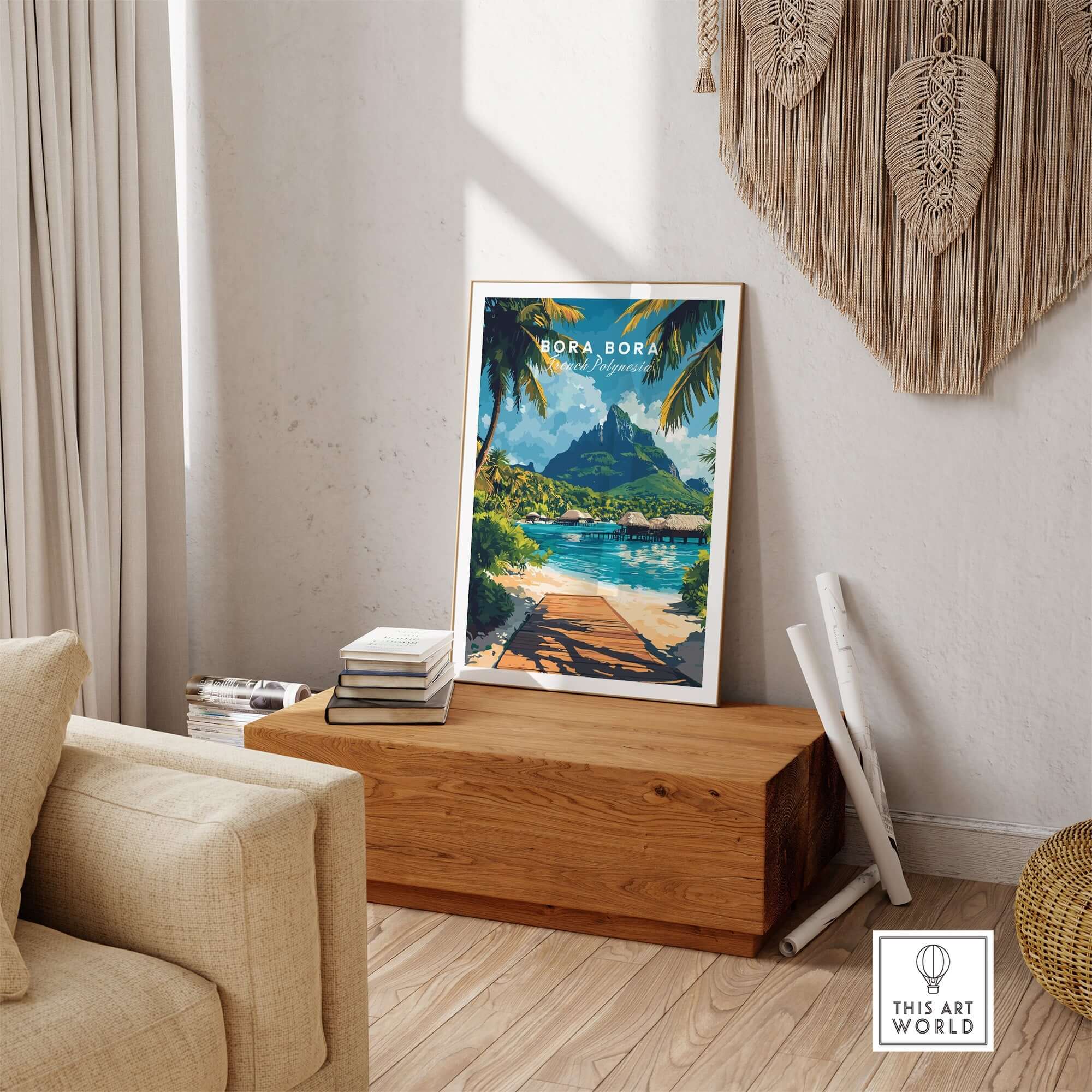 Bora Bora Travel Print displayed in a stylish living room, showcasing the tropical beauty of Bora Bora.