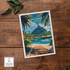 Bora Bora Travel Print showcasing a stunning tropical landscape with palm trees and blue waters.