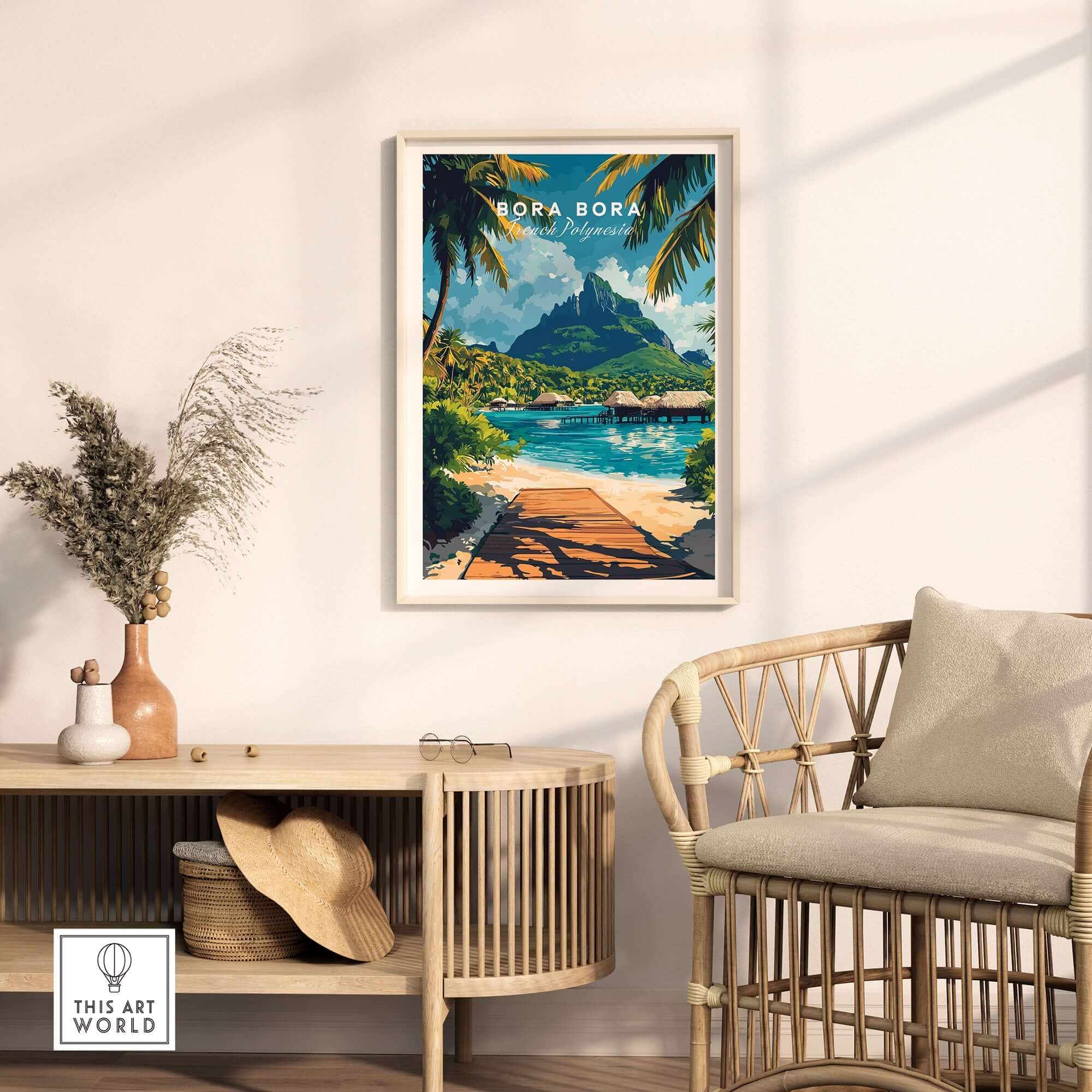 Bora Bora Travel Print showcasing a stunning tropical scene with palm trees and a serene beach.