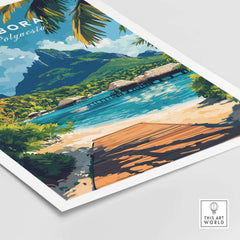 Bora Bora Travel Print showcasing a tropical beach view with mountains and clear blue water.