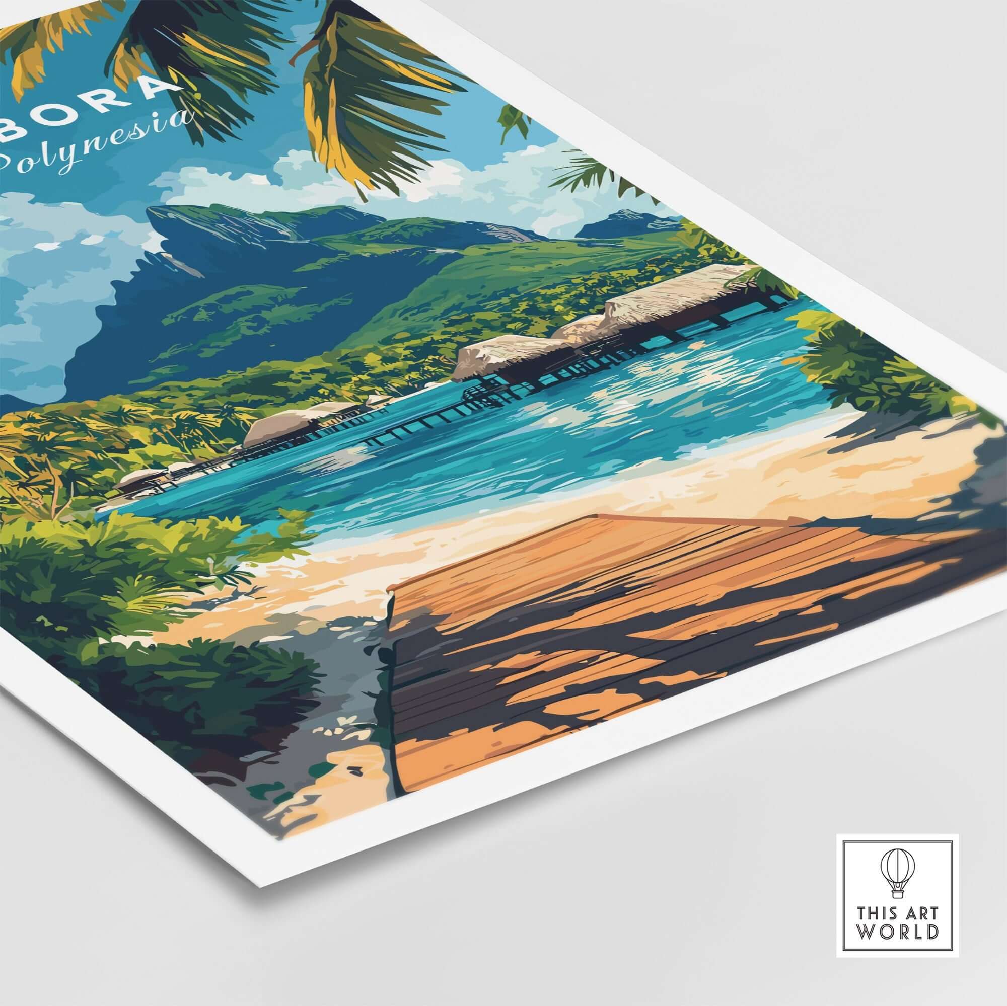 Bora Bora Travel Print showcasing a tropical beach view with mountains and clear blue water.