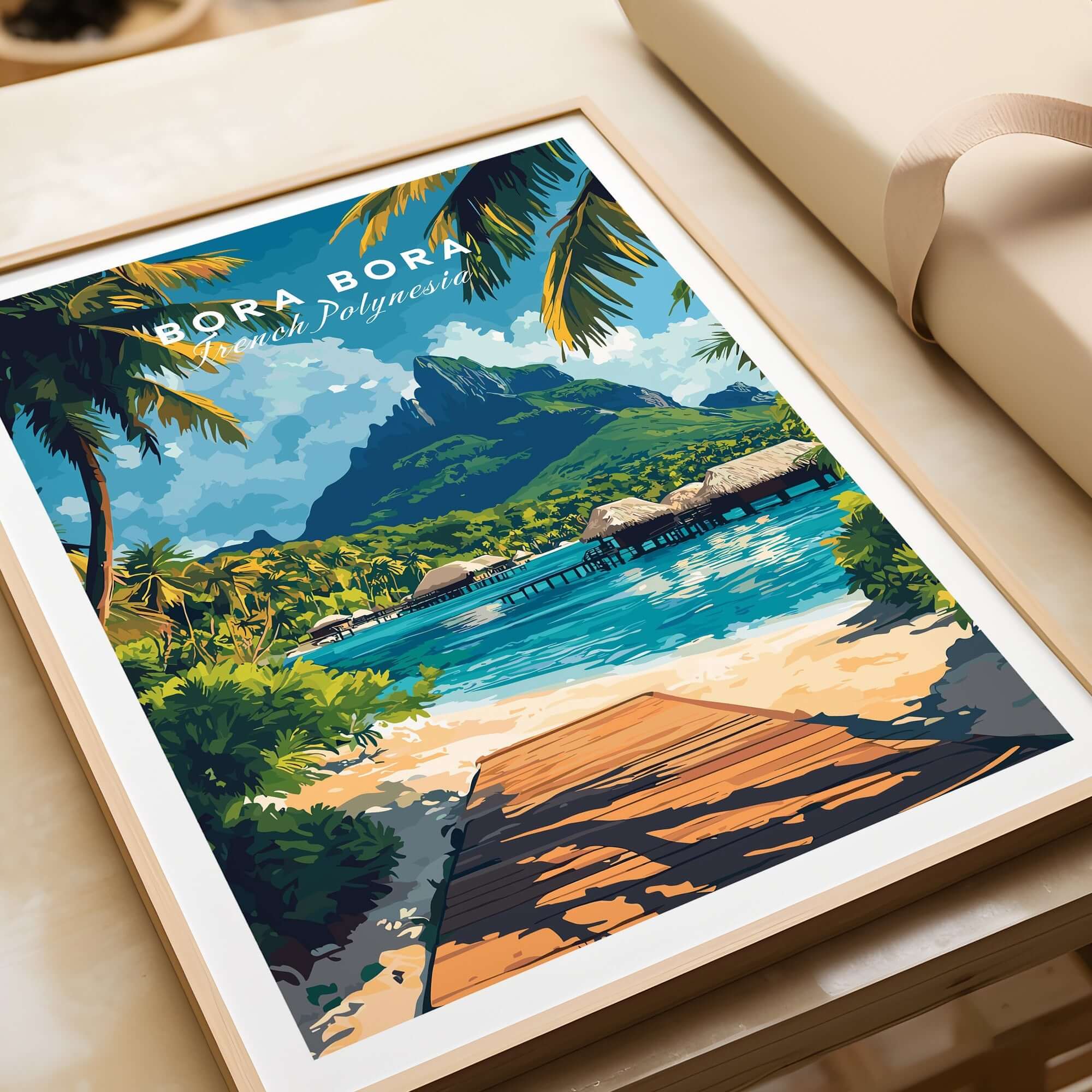 Bora Bora Travel Print showcasing a tropical paradise with clear waters and lush mountains.
