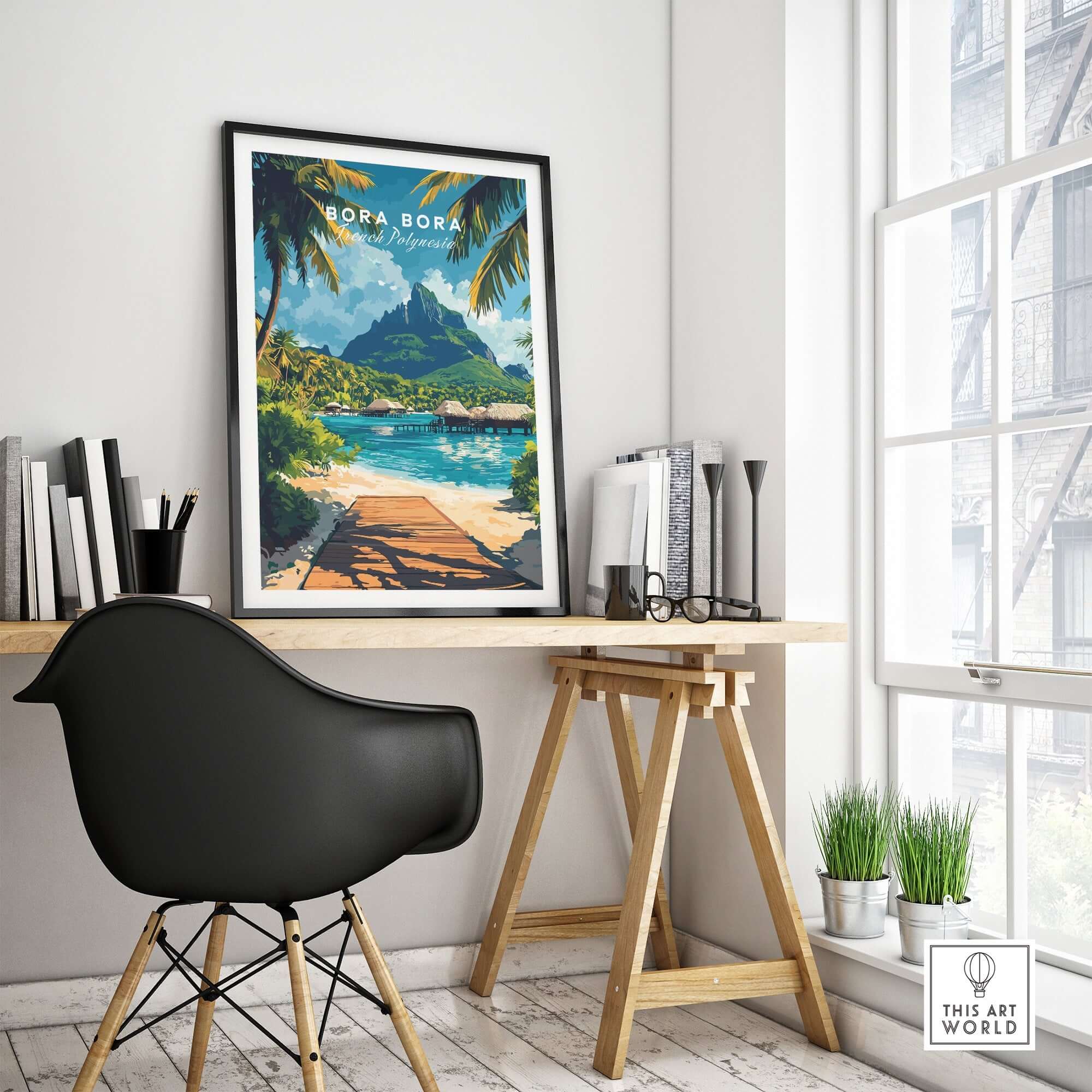 Bora Bora Travel Print displayed in a stylish room featuring tropical scenery and a modern desk.