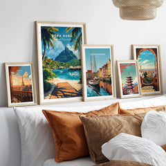 Bora Bora Travel Print featured among travel-themed art prints in a stylish home interior.