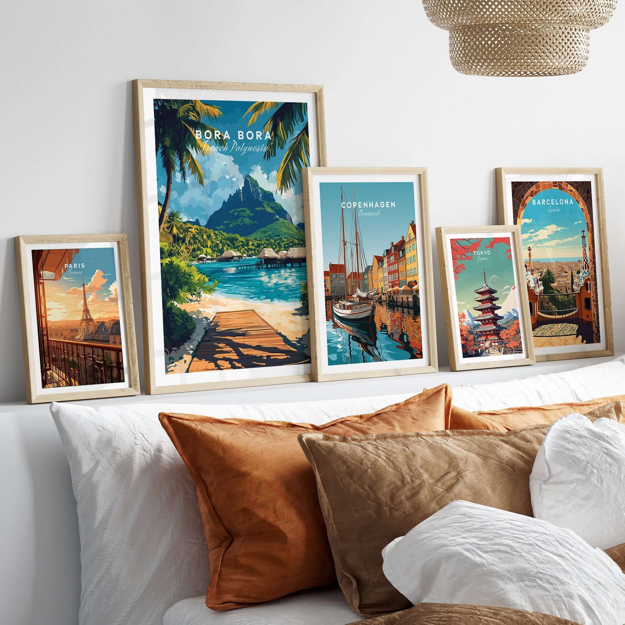 Bora Bora Travel Print featured among travel-themed art prints in a stylish home interior.