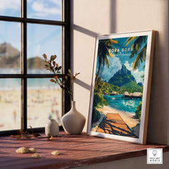 Bora Bora Travel Print beautifully displayed on a wooden table near a window with tropical scenery.