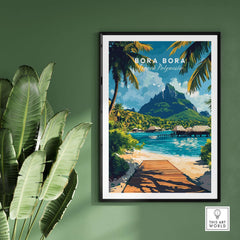 Bora Bora Travel Print depicting a beautiful tropical paradise scene with palm trees and mountains.