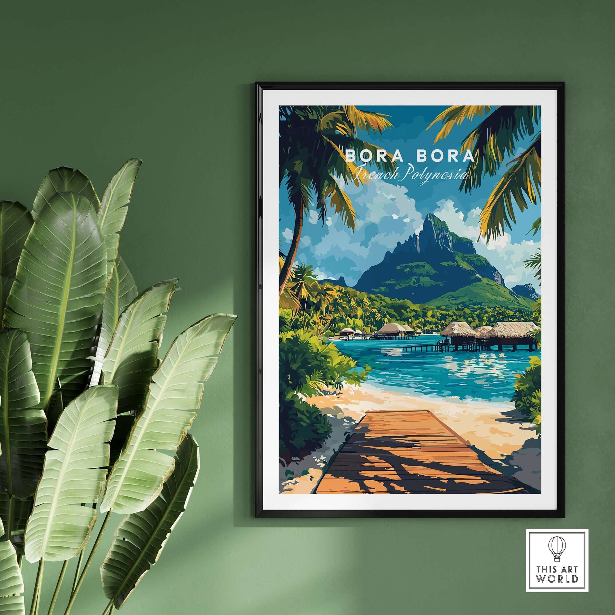 Bora Bora Travel Print depicting a beautiful tropical paradise scene with palm trees and mountains.