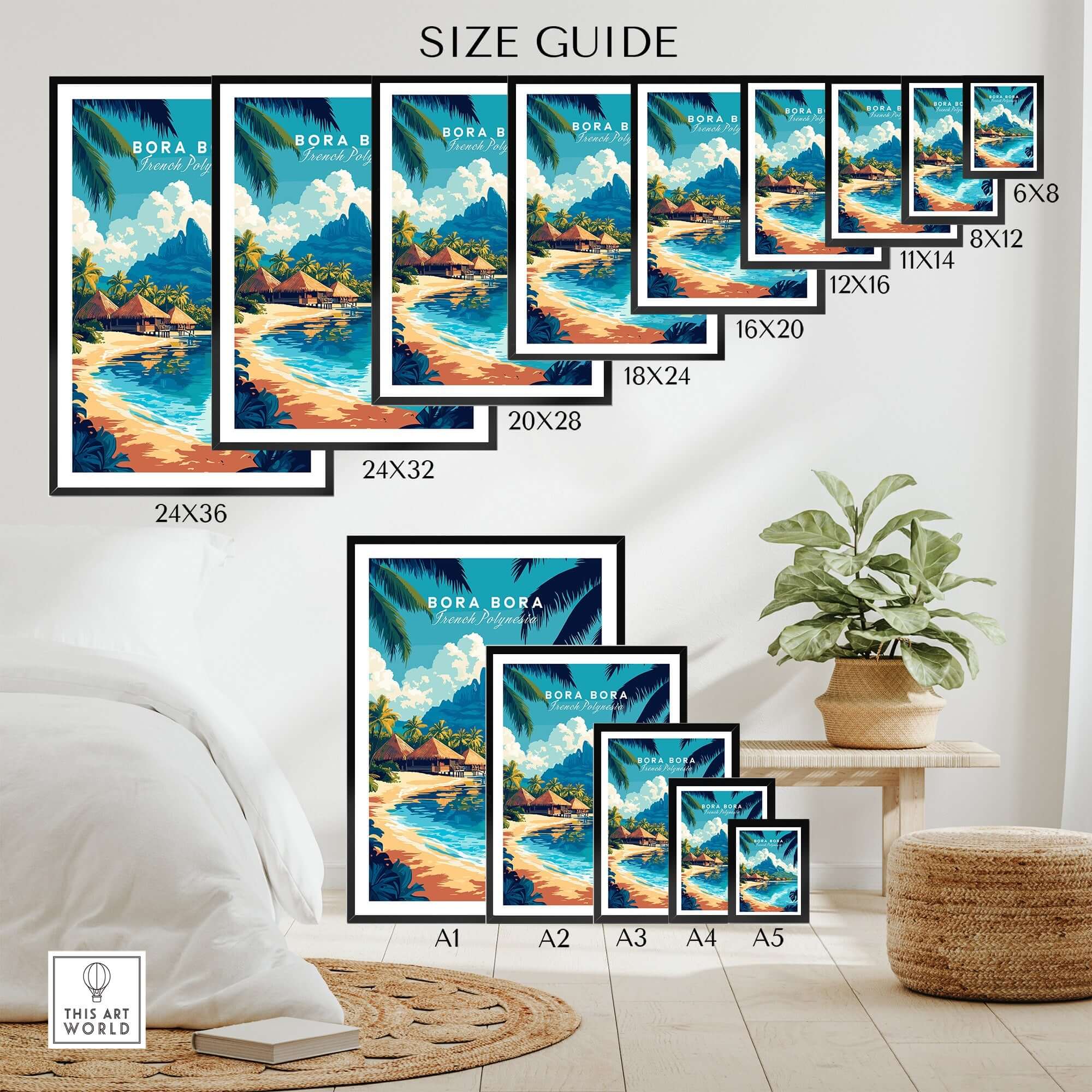 Bora Bora Wall Art size guide showcasing various frame sizes and stunning tropical imagery.