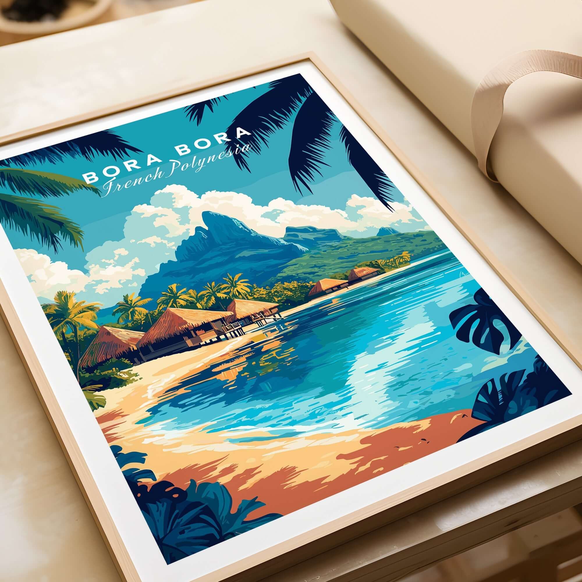 Bora Bora Wall Art featuring vibrant tropical scenery of French Polynesia with crystal blue waters and palm trees.