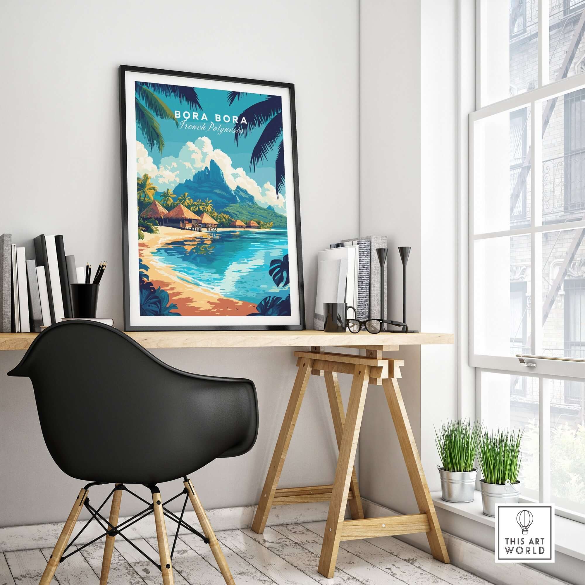 Bora Bora Wall Art framed poster showcasing tropical paradise scenery and vibrant colors in a modern workspace.