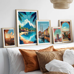 Bora Bora Wall Art collection featuring vibrant travel posters with serene landscapes and coastal themes.